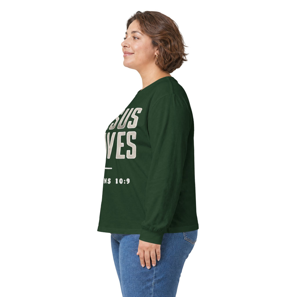 Jesus Saves Long Sleeve Tee — Romans 10:9 Christian Faith Shirt