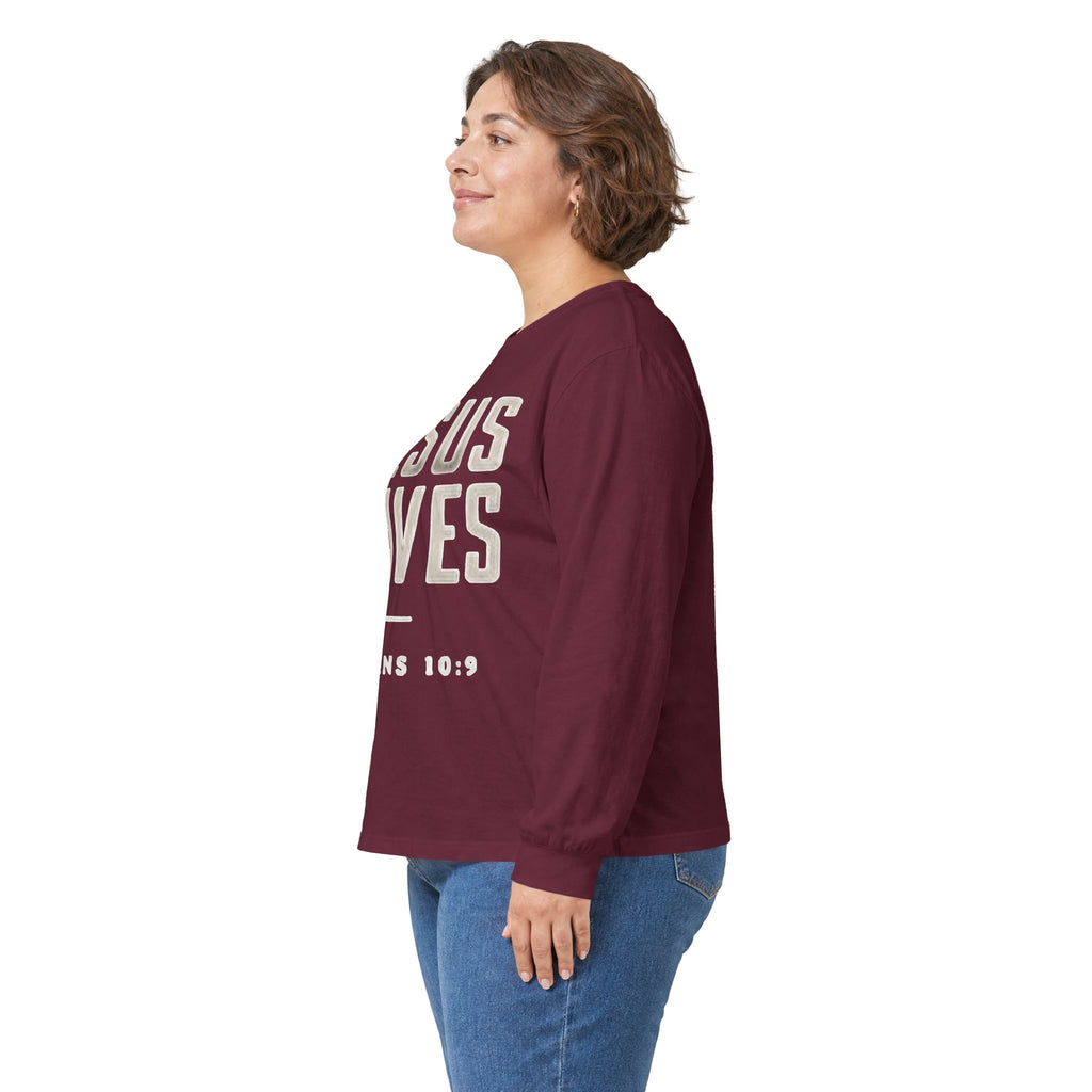 Jesus Saves Long Sleeve Tee — Romans 10:9 Christian Faith Shirt