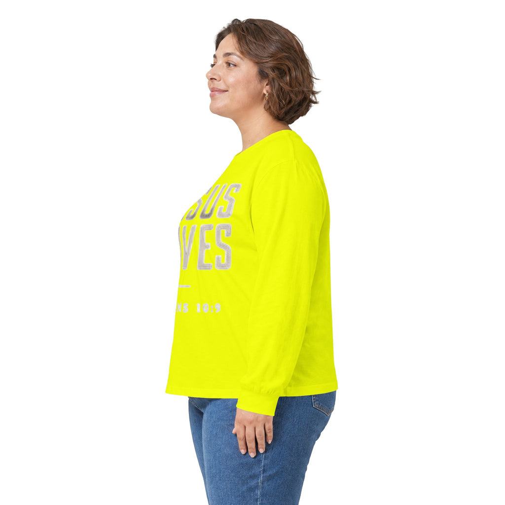 Jesus Saves Long Sleeve Tee — Romans 10:9 Christian Faith Shirt