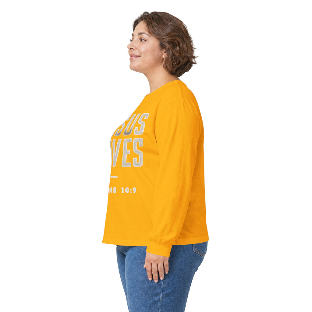 Jesus Saves Long Sleeve Tee — Romans 10:9 Christian Faith Shirt