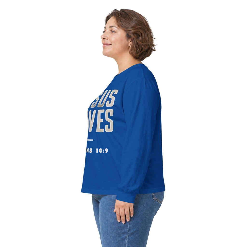 Jesus Saves Long Sleeve Tee — Romans 10:9 Christian Faith Shirt