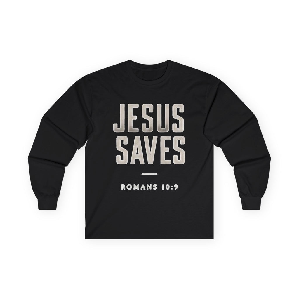 Jesus Saves Long Sleeve Tee — Romans 10:9 Christian Faith Shirt