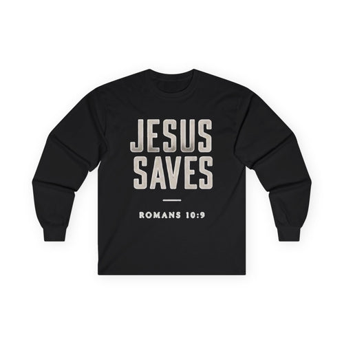 Jesus Saves Long Sleeve Tee — Romans 10:9 Christian Faith Shirt
