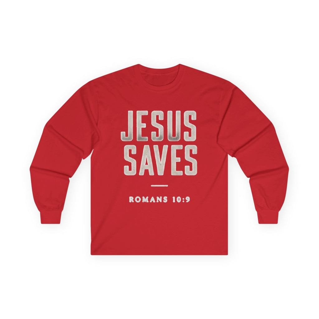 Jesus Saves Long Sleeve Tee — Romans 10:9 Christian Faith Shirt