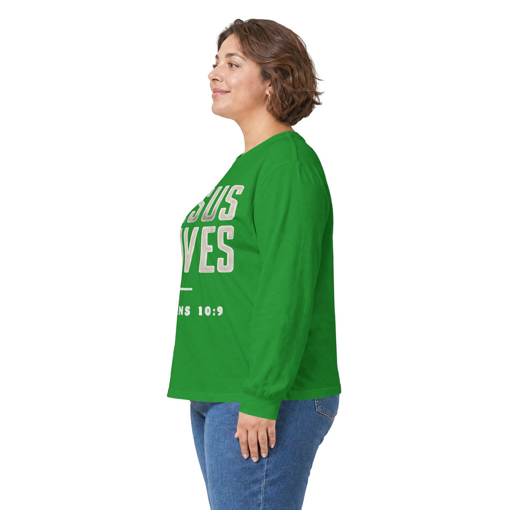 Jesus Saves Long Sleeve Tee — Romans 10:9 Christian Faith Shirt