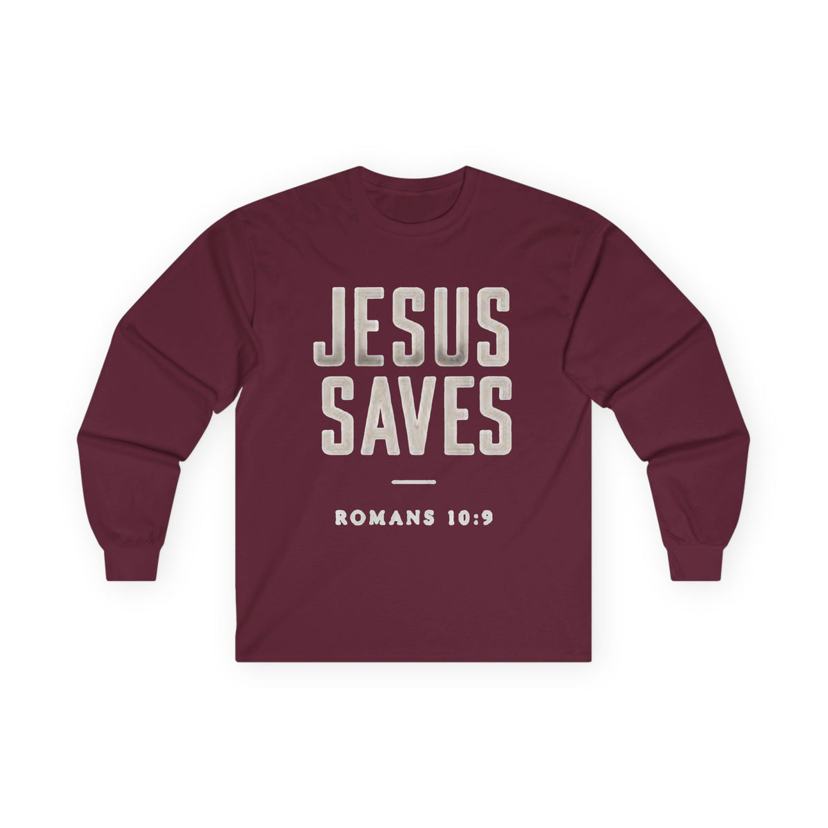 Jesus Saves Long Sleeve Tee — Romans 10:9 Christian Faith Shirt