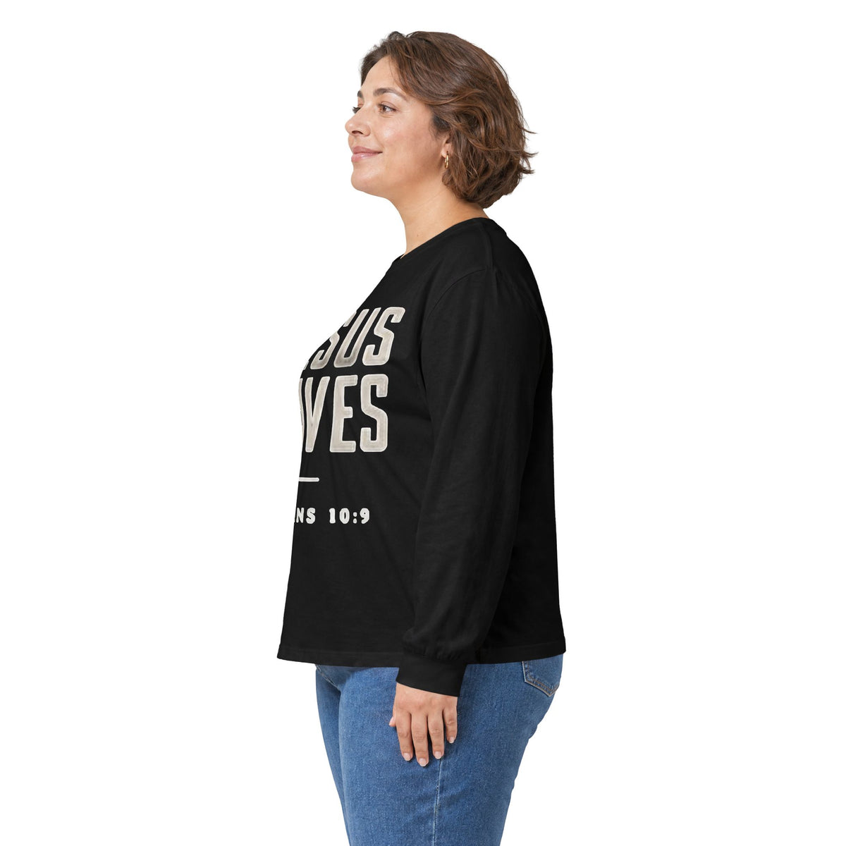Jesus Saves Long Sleeve Tee — Romans 10:9 Christian Faith Shirt