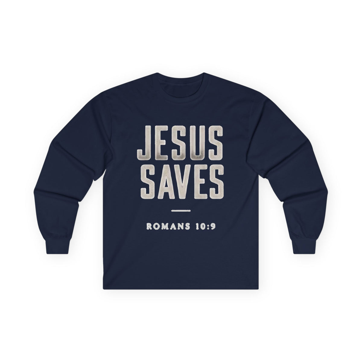 Jesus Saves Long Sleeve Tee — Romans 10:9 Christian Faith Shirt
