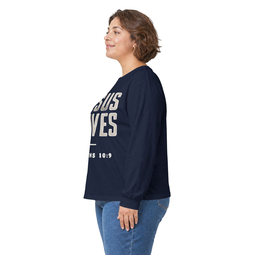 Jesus Saves Long Sleeve Tee — Romans 10:9 Christian Faith Shirt