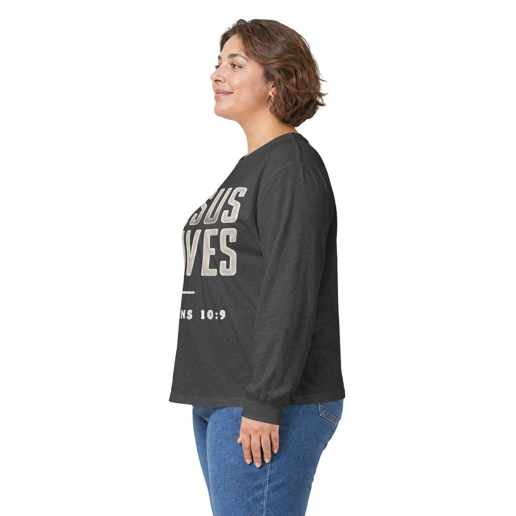 Jesus Saves Long Sleeve Tee — Romans 10:9 Christian Faith Shirt