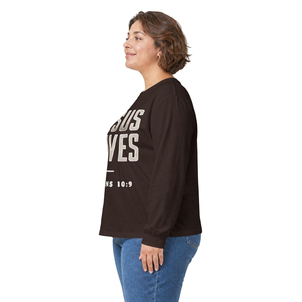 Jesus Saves Long Sleeve Tee — Romans 10:9 Christian Faith Shirt
